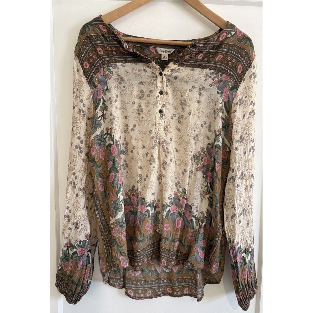 Lucky Brand Boho Floral Peasant Blouse Large L Henley Neck Long Sleeve Cream Tan